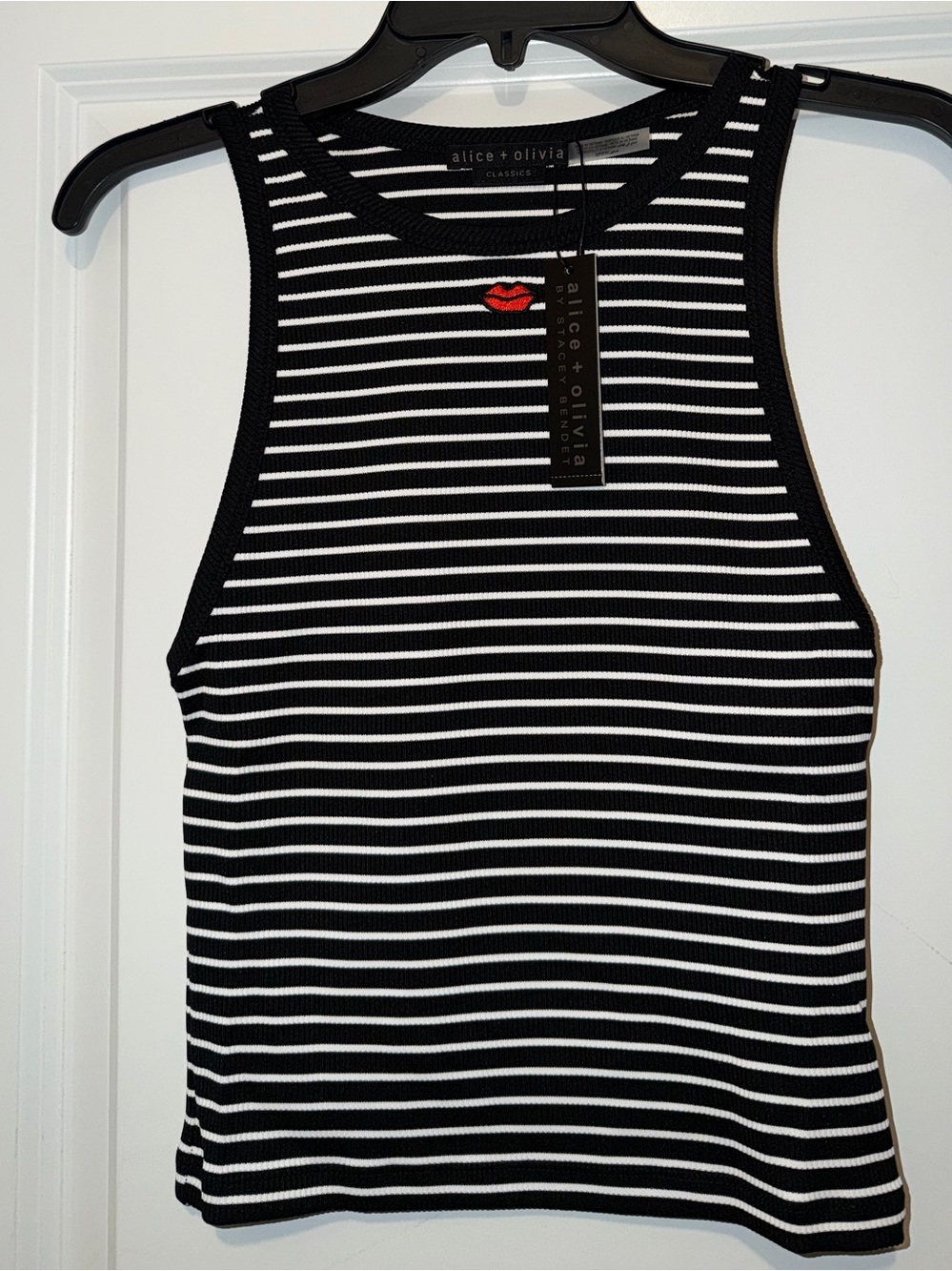 Alice + Olivia Black and White Striped Ribbed Top